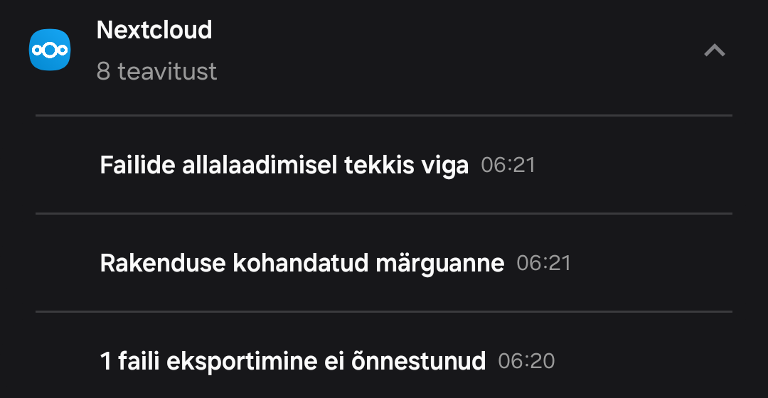 Nextcloud notifications: Error downloading file, exporting 1 file failed